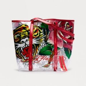 ​NWT Ed Hardy Clear PVC Roaring Tiger Rose Tattoo Tote Bag Red Trim Y2K NWT
